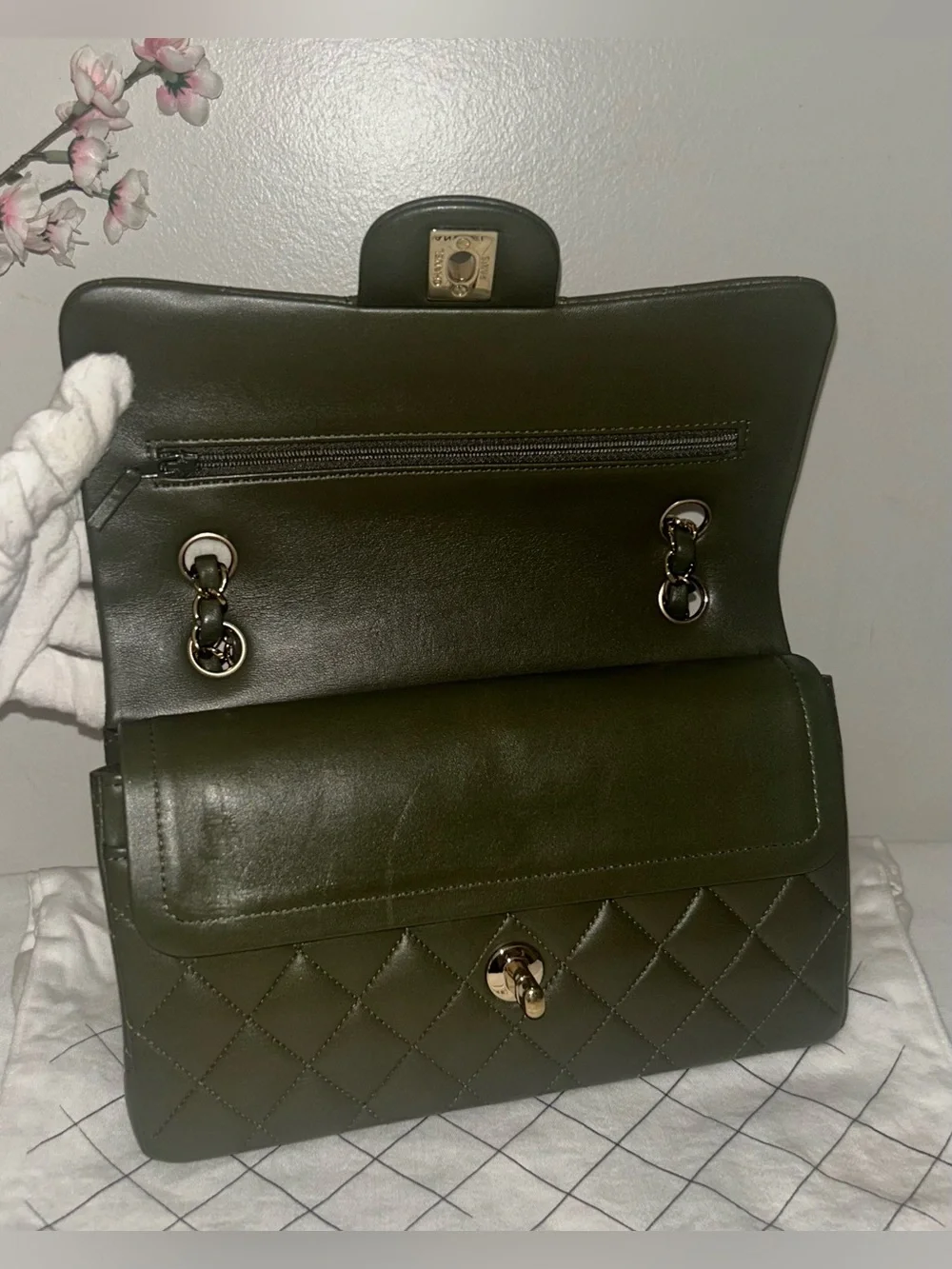 CHANEL Small Classic Double Flap Lambskin Quilted Handbag Olive / Gold Hardware